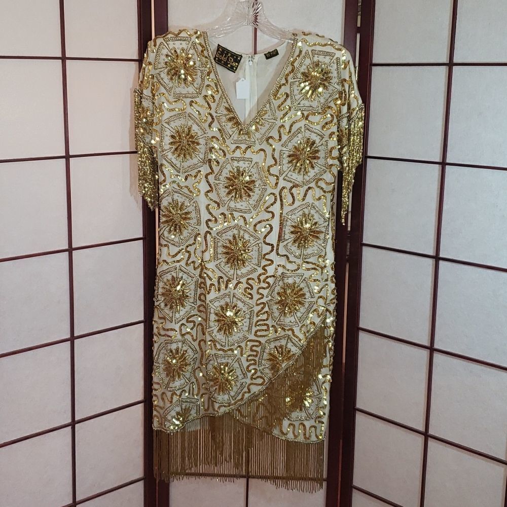Gold Star Fringed Sequined Beaded Silk Cocktail Formal Dress